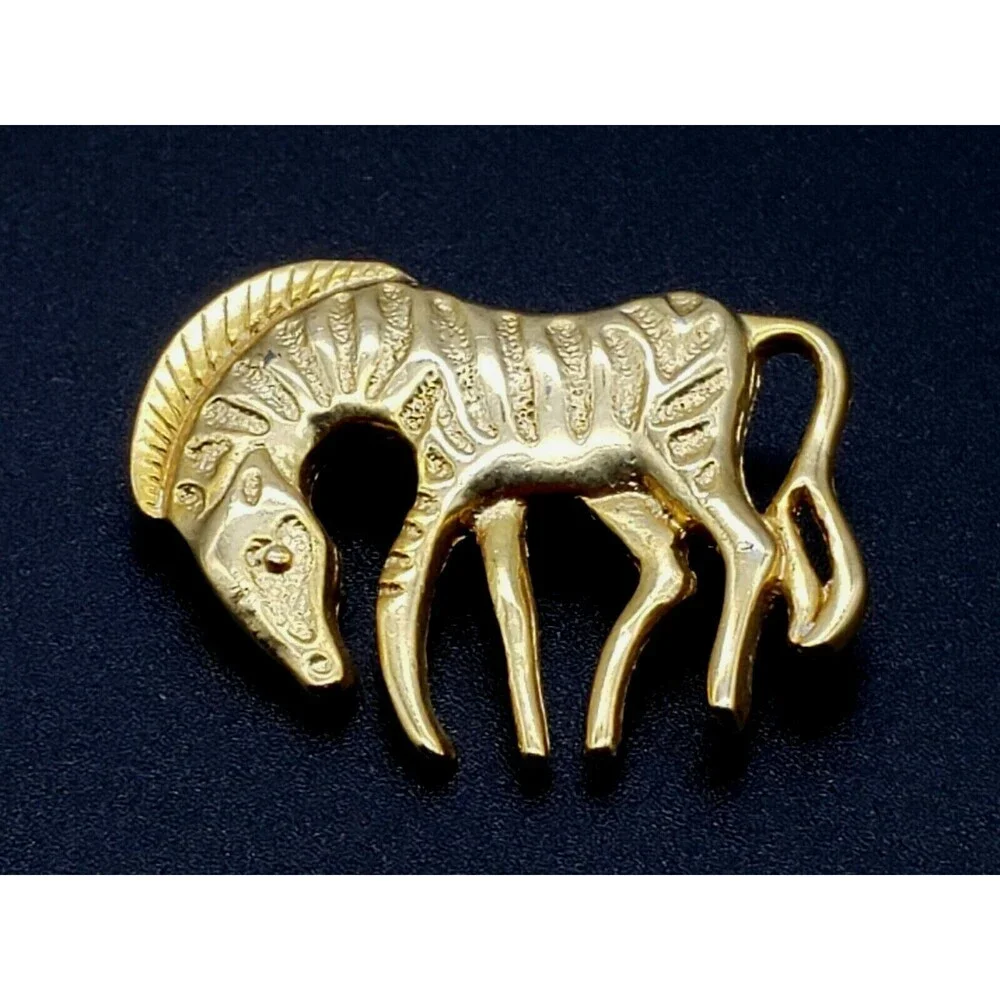 Zebra Animal Figural Brooch Pin Gold Tone Metal Shiny African Safari Vintage